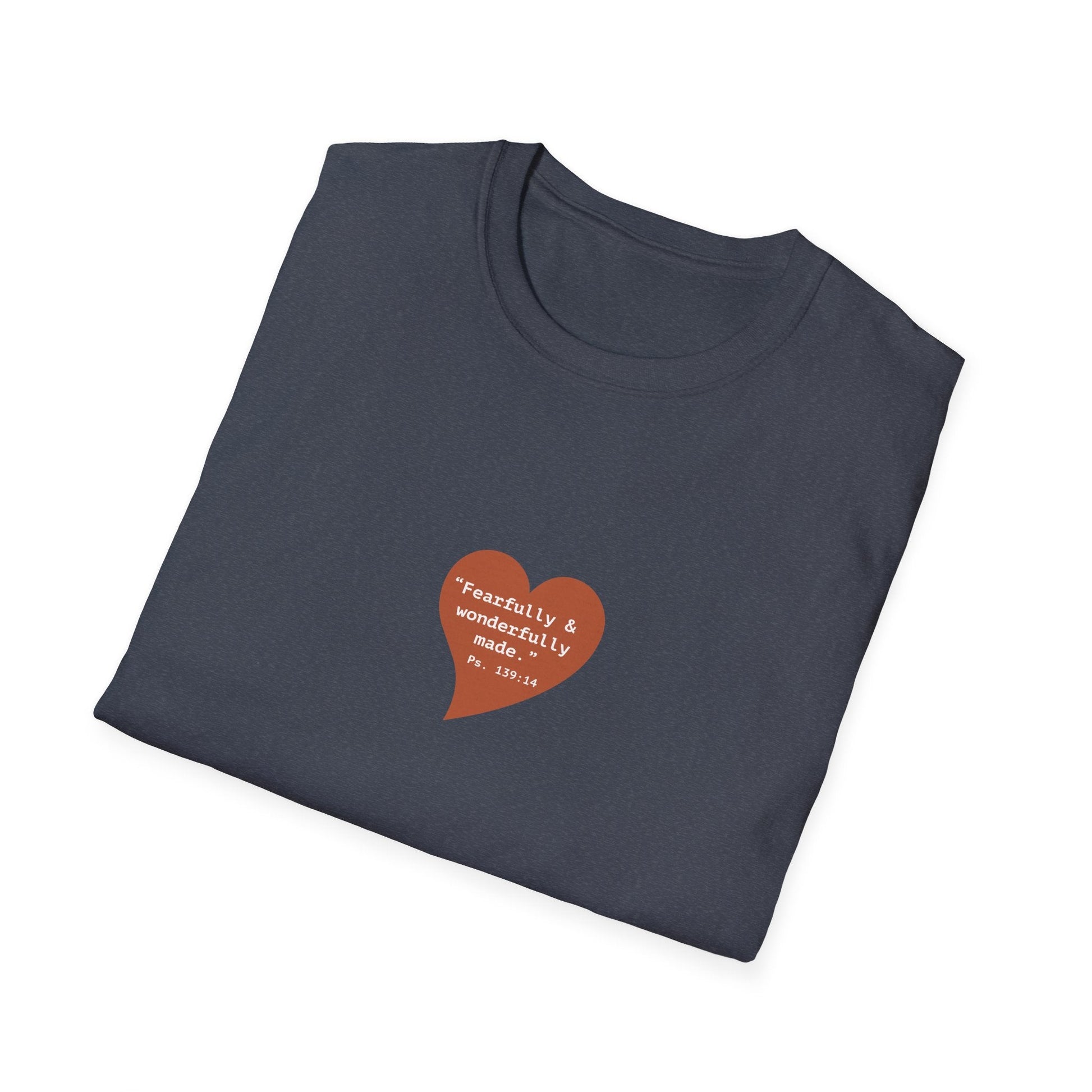 T-Shirt — Small Red Heart Graphic "Fearfully & Wonderfully Made - Left" - i am loved