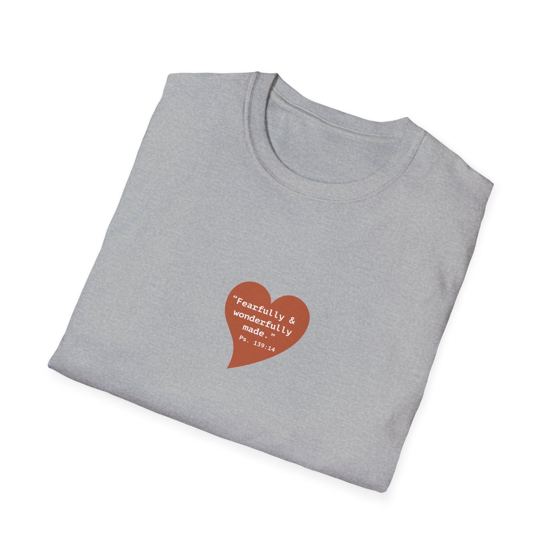 T-Shirt — Small Red Heart Graphic "Fearfully & Wonderfully Made - Left" - i am loved