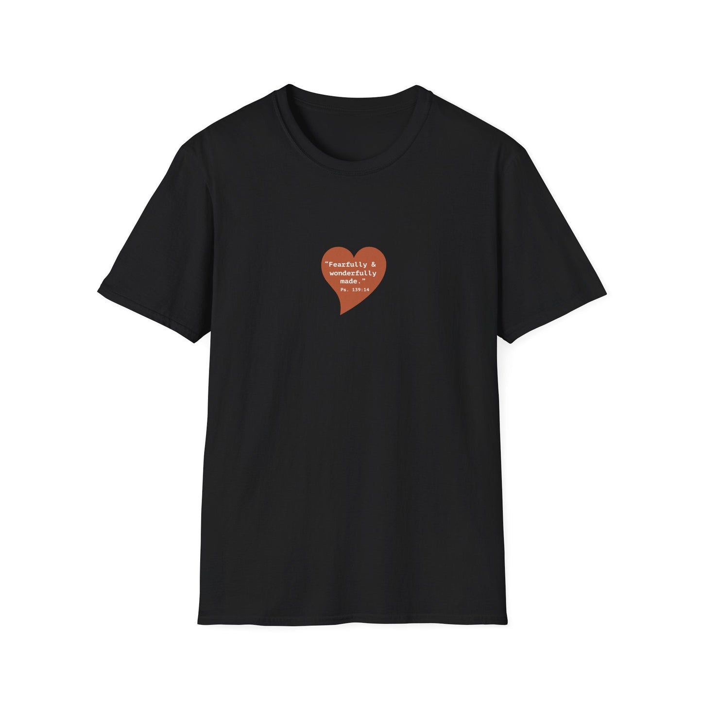 T-Shirt — Small Red Heart Graphic "Fearfully & Wonderfully Made - Left" - i am loved