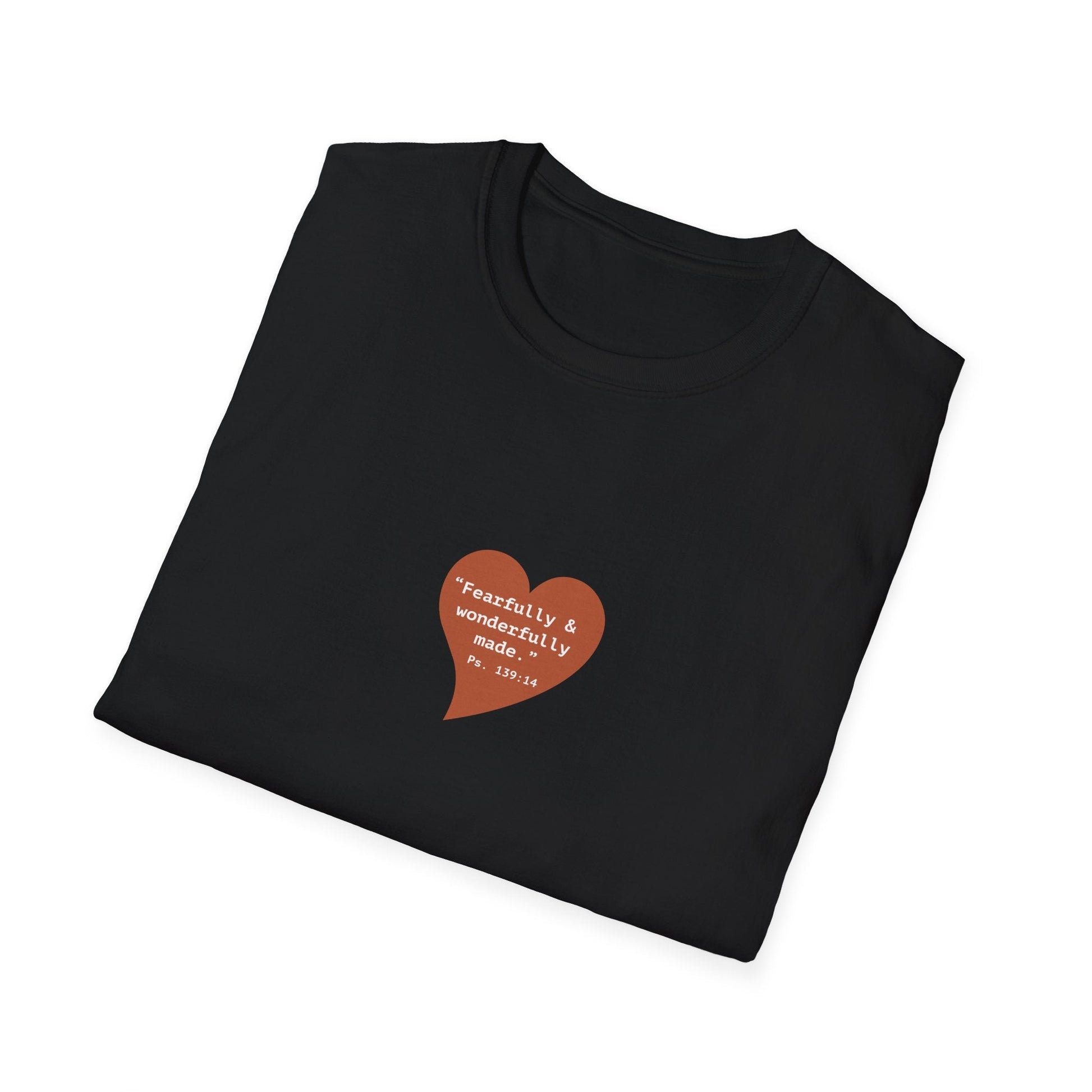 T-Shirt — Small Red Heart Graphic "Fearfully & Wonderfully Made - Left" - i am loved