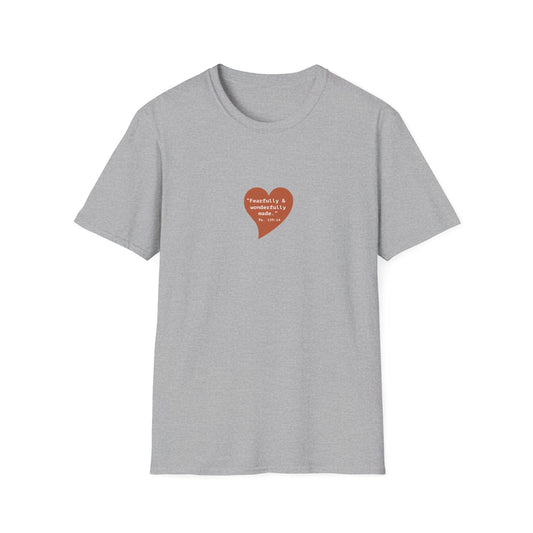 T-Shirt — Small Red Heart Graphic "Fearfully & Wonderfully Made - Left" - i am loved