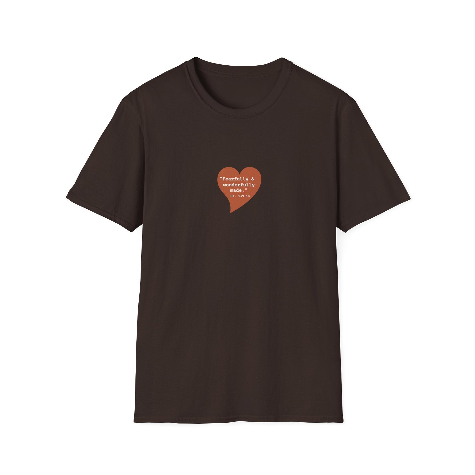 T-Shirt — Small Red Heart Graphic "Fearfully & Wonderfully Made - Left" - i am loved
