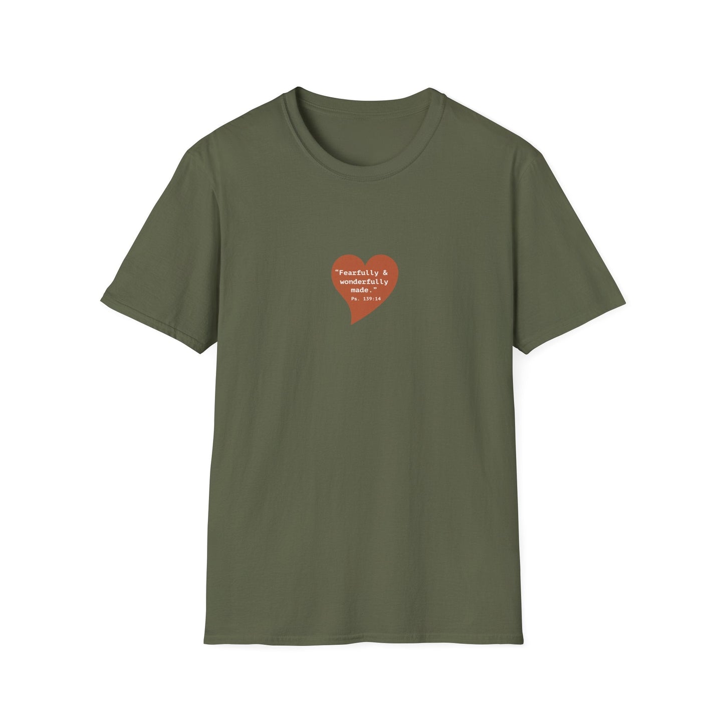 T-Shirt — Small Red Heart Graphic "Fearfully & Wonderfully Made - Left" - i am loved